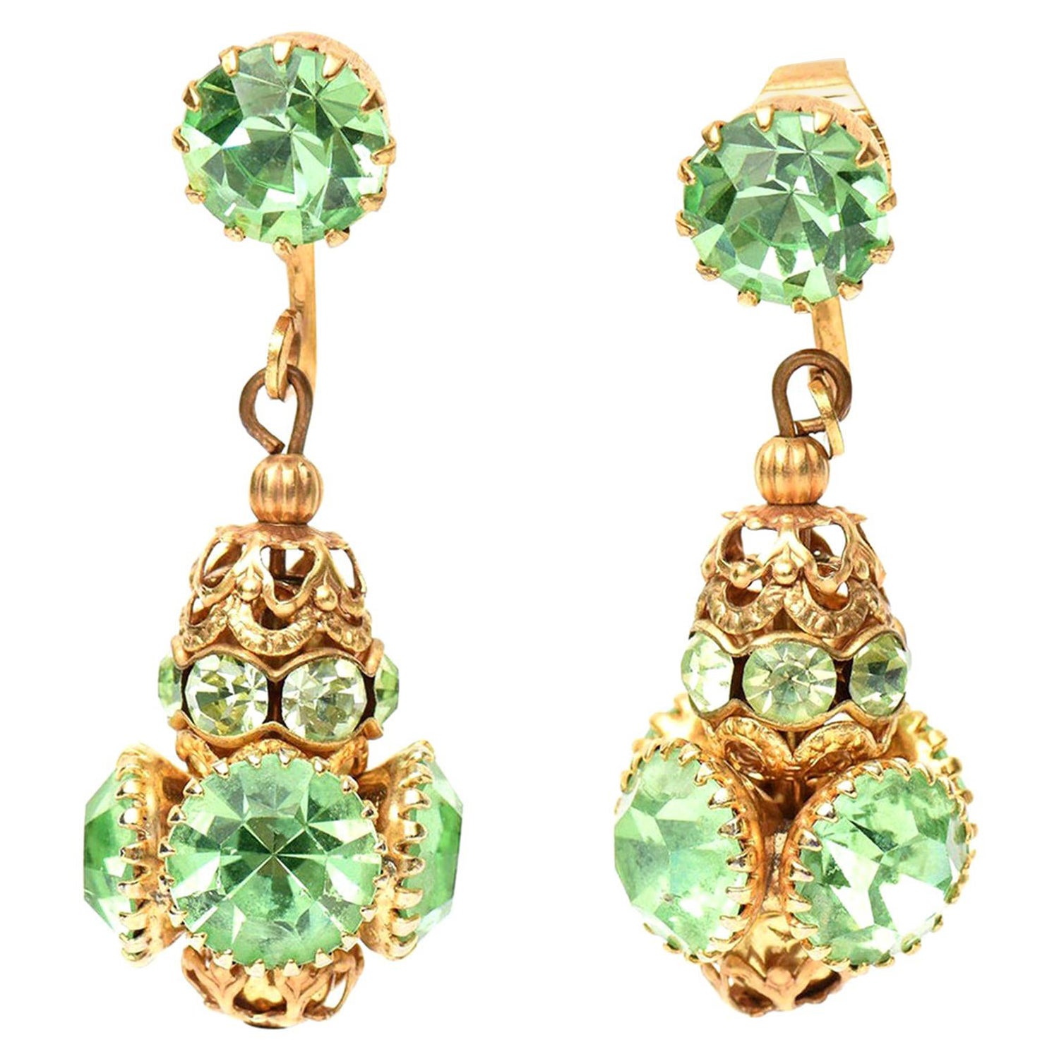  Frank Hess for Miriam Haskell Dangle Clip on Green Glass, Gold Plated Earrings 