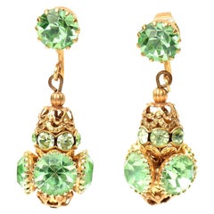 Vintage  Frank Hess for Miriam Haskell Dangle Clip on Green Glass, Gold Plated Earrings 