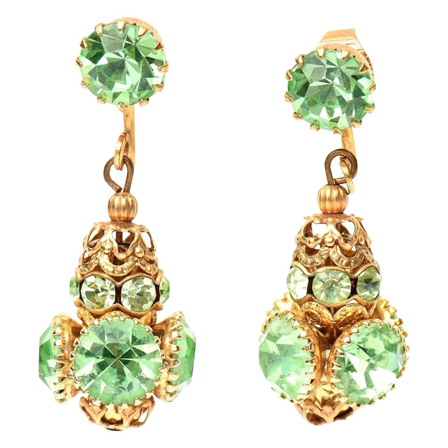 Frank Hess for Miriam Haskell Dangle Clip on Green Glass, Gold Plated Earrings