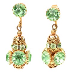 Frank Hess for Miriam Haskell Dangle Clip on Green Glass, Gold Plated Earrings