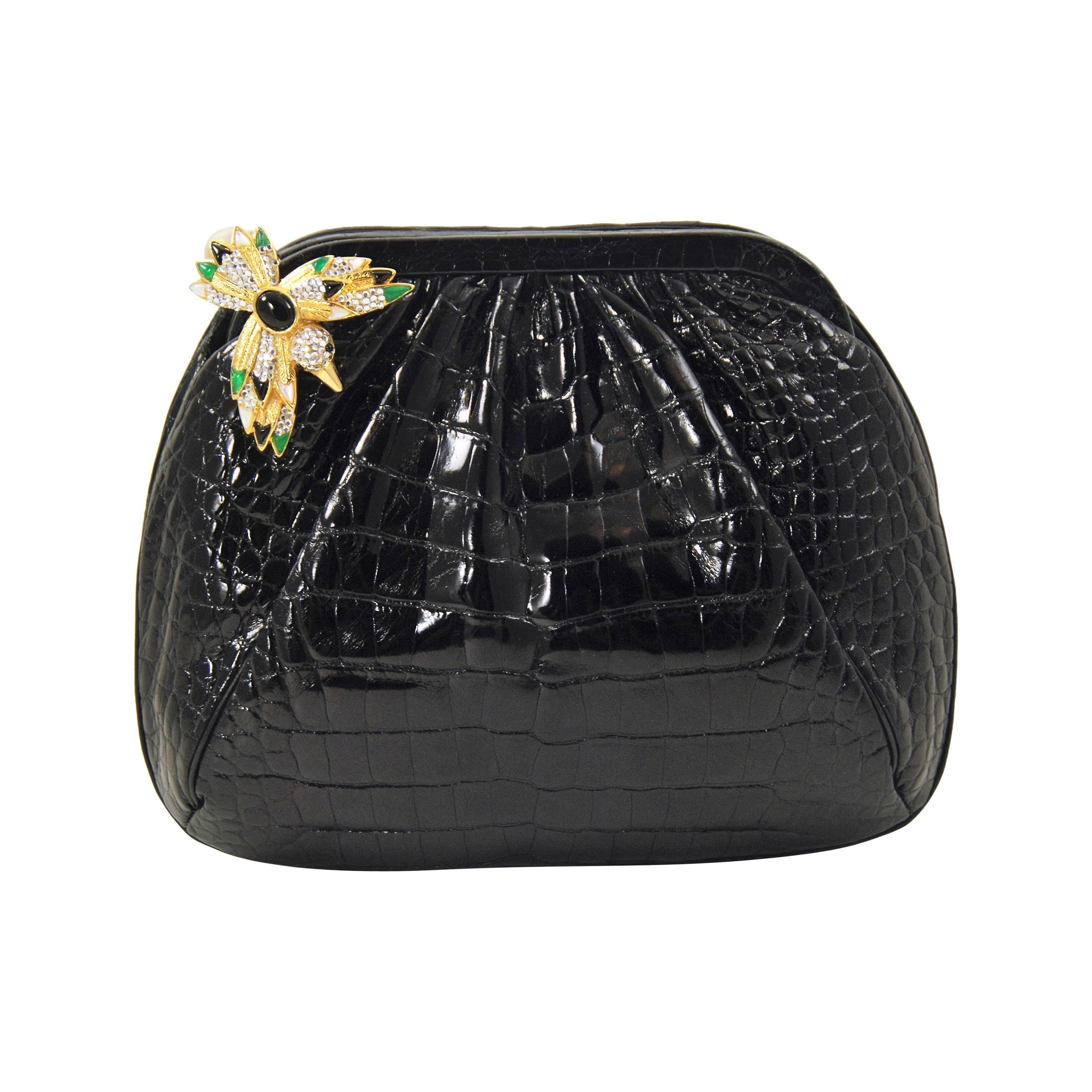 1980s Judith Leiber Black Alligator Bag with Jeweled and Enamel Clasp