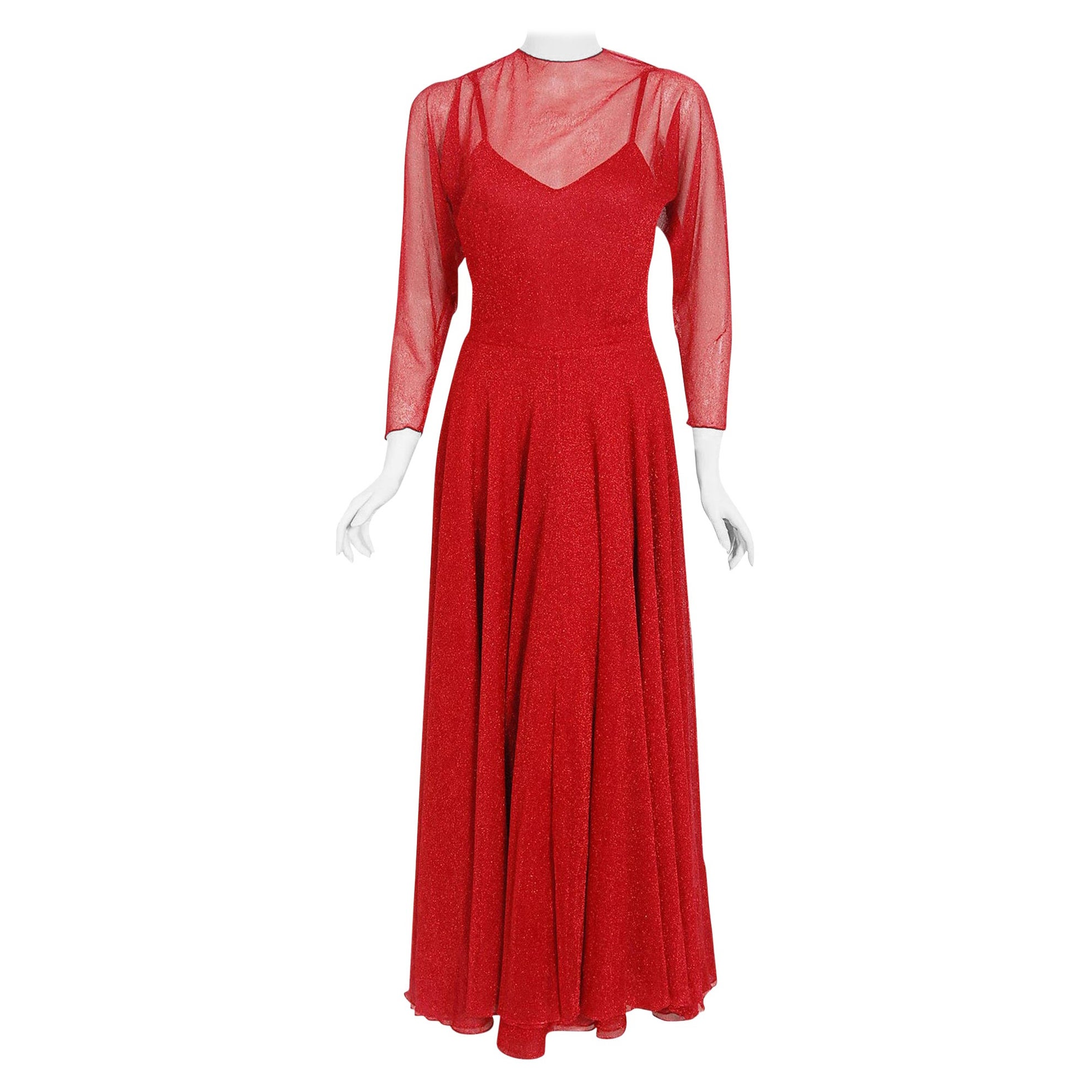Vintage 1970er Halston Couture Rot Metallic Halbdurchsichtiges langärmeliges Strickkleid