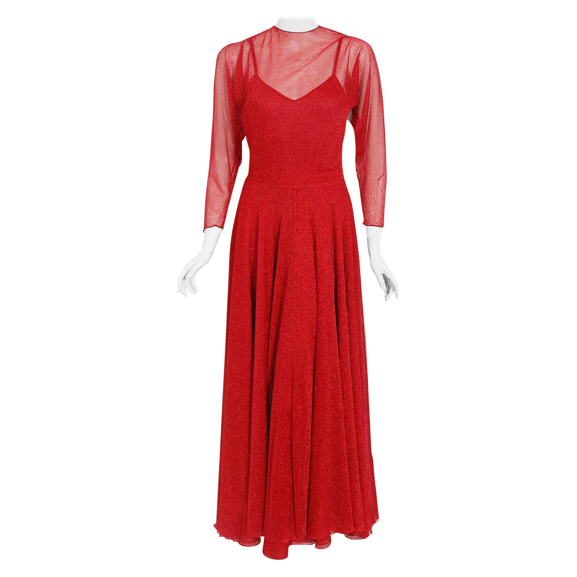 Vintage 1970's Halston Couture Red Metallic Sheer Knit Long-Sleeve Dress Gown