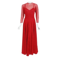 Vintage 1970's Halston Couture Red Metallic Sheer Knit Long-Sleeve Dress Gown