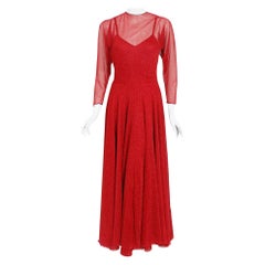 1970's Halston Couture Metallic Red Sheer Lurex Knit Long-Sleeve Maxi Dress Gown