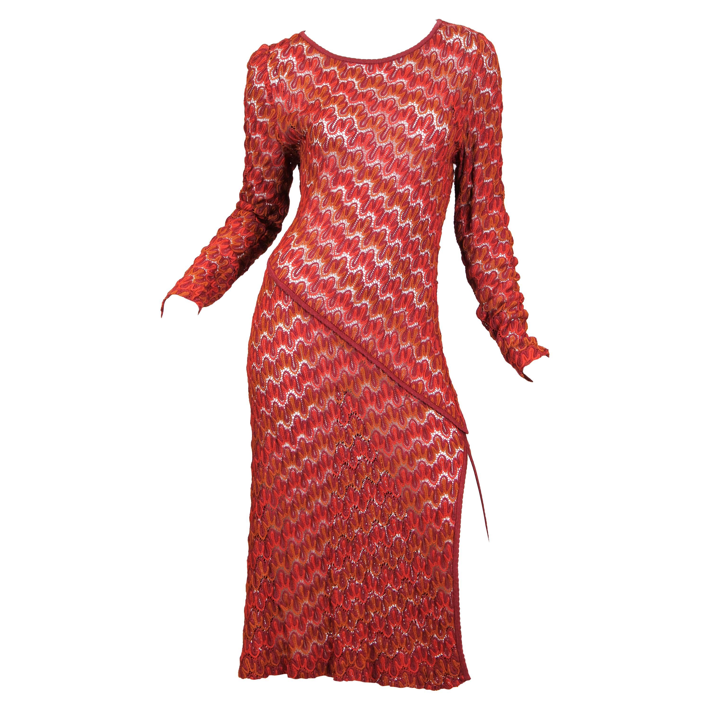 1970S MISSONI KNIT Style Burgundy Silk Long Sleeve Dress With Side Slit