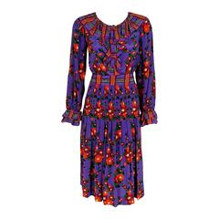 1970's Yves Saint Laurent Purple Floral Print Silk Ruffle Belted Peasant Dress