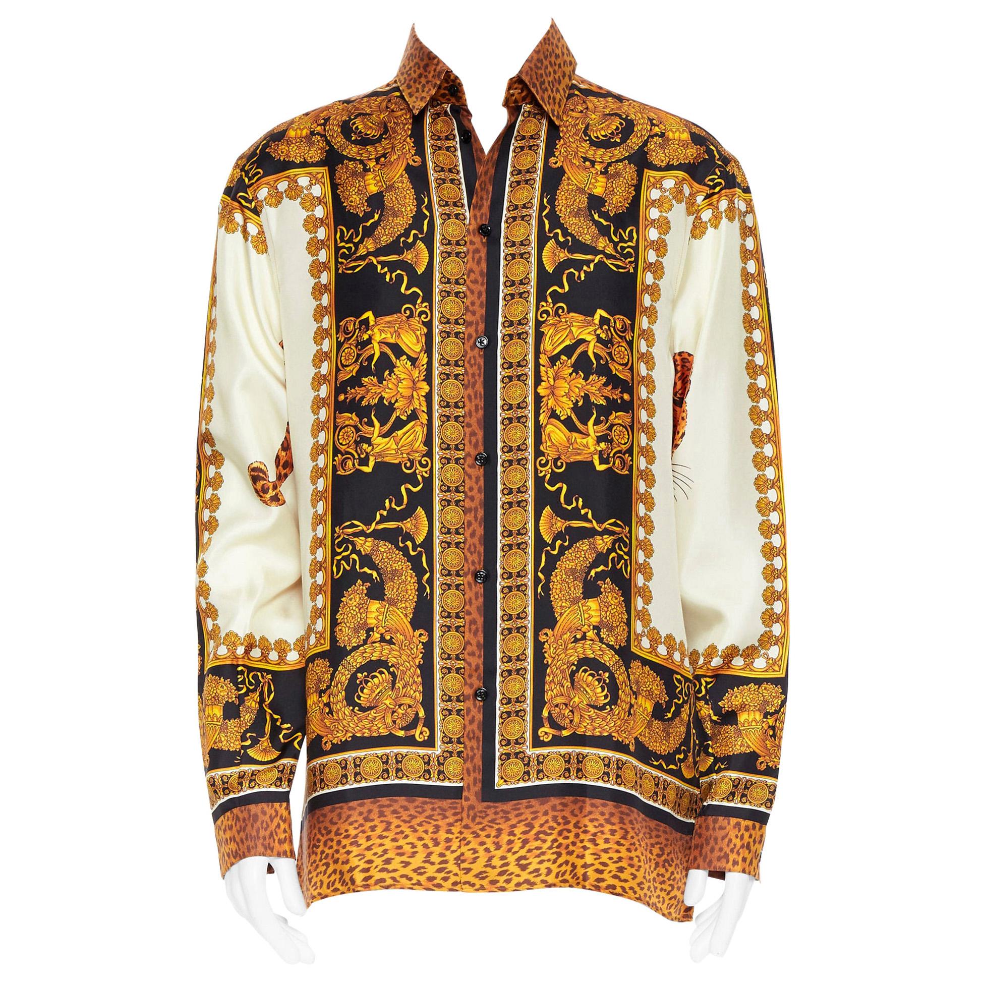 new VERSACE AW18 Runway Wild Leopard gold baroque print 100% silk shirt EU38 S