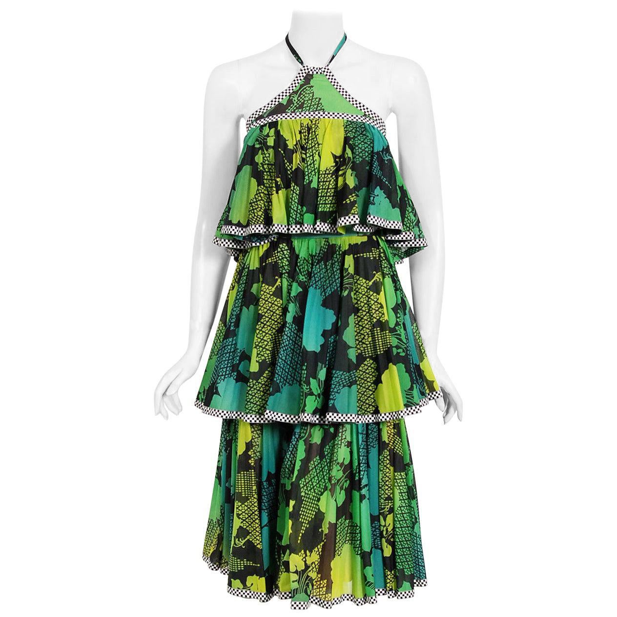 Vintage 1970's Jean Varon Green Graphic Floral Print Pleated Tiered Halter Dress