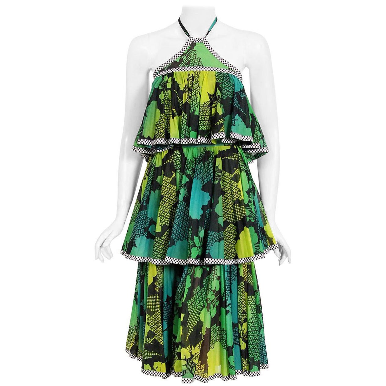 Vintage 1970's Jean Varon Green Graphic Floral Print Pleated Tiered Halter Dress For Sale