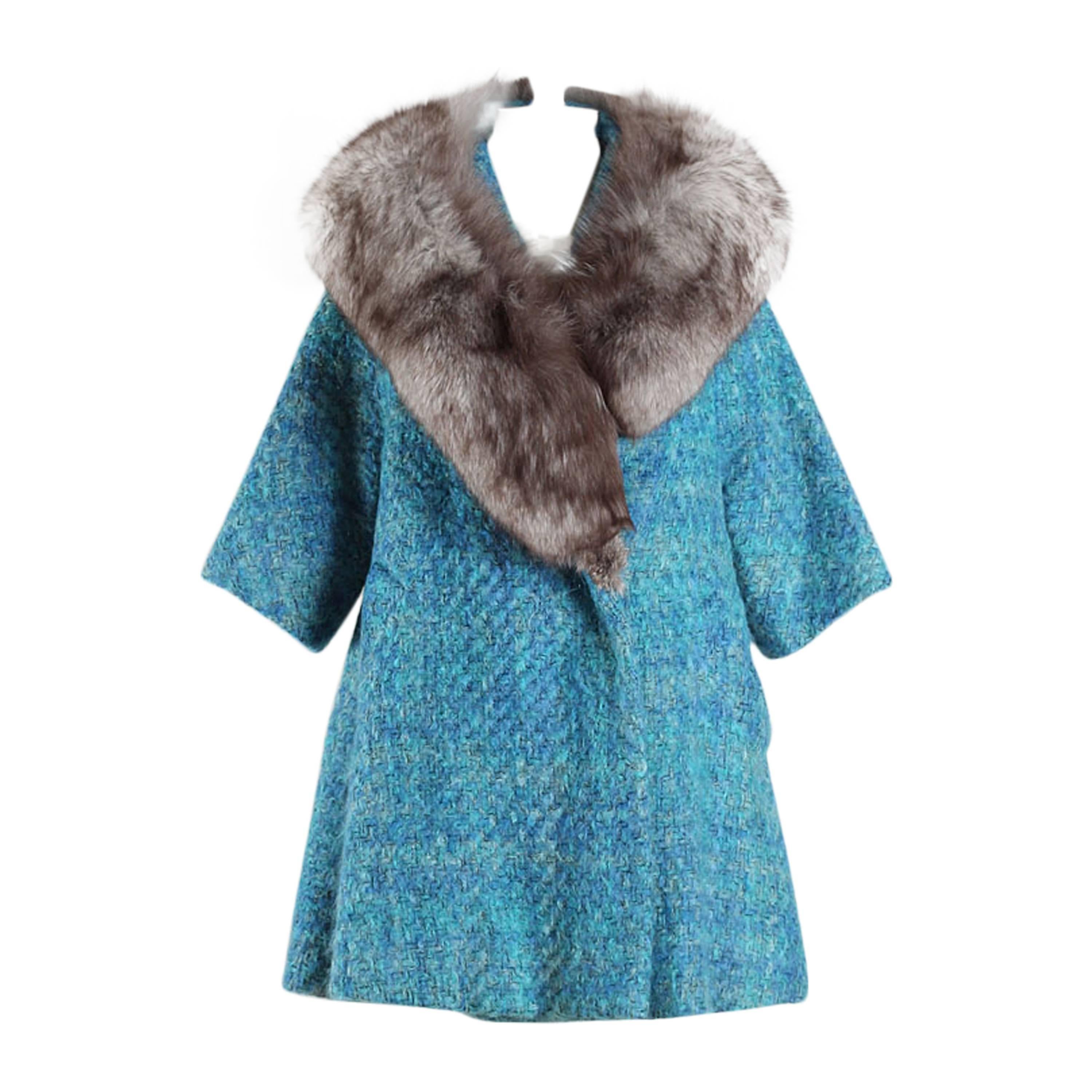 Vintage 1950s Lilli Ann Blue Wool & Silver Fox Fur Coat