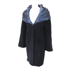 Romeo Gigli Black Wool Coat w/Oversized Blue Brocade Collar & Waist Tie ca.1989