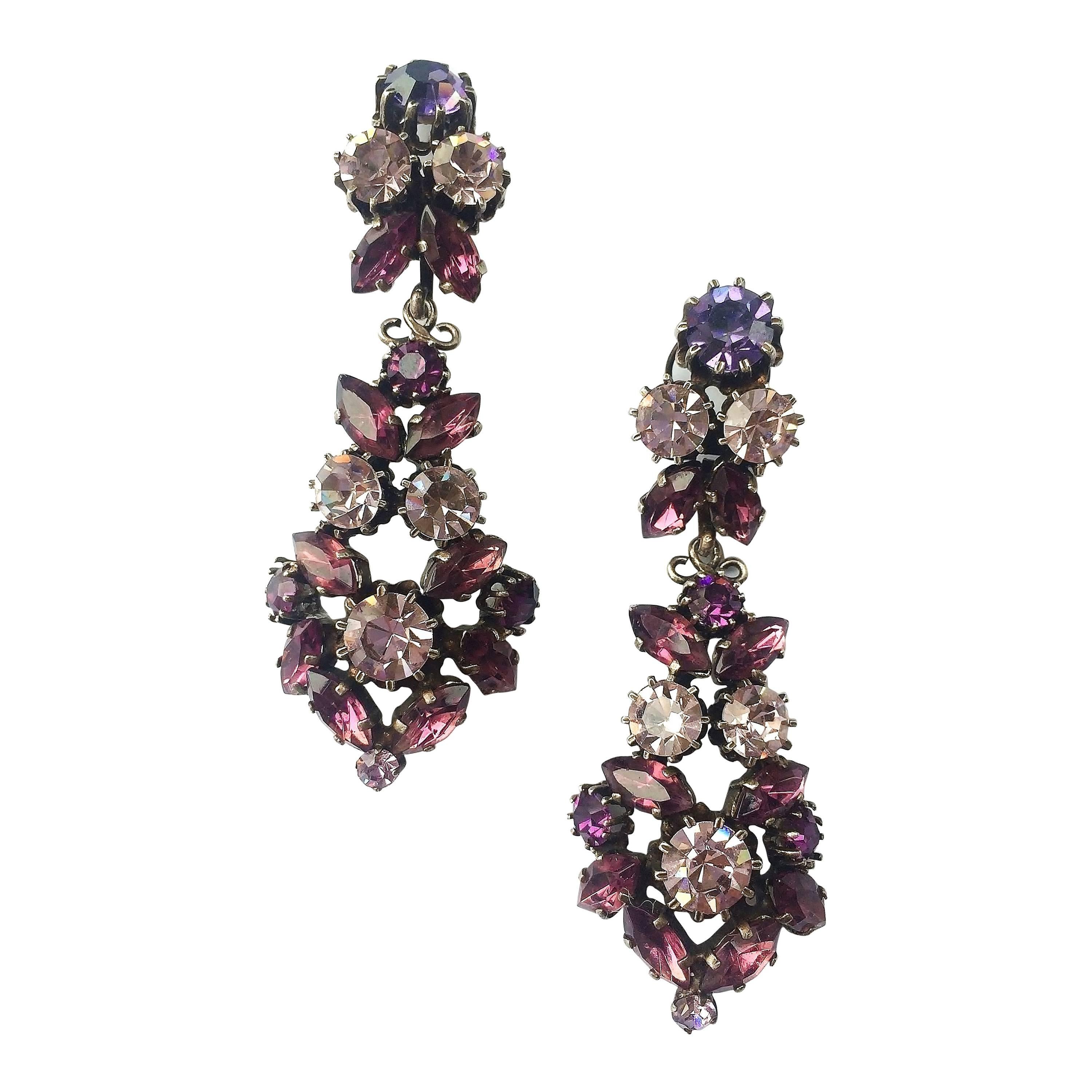 Striking French drop earrings in exquisite shades of amethyst, c.1950s.