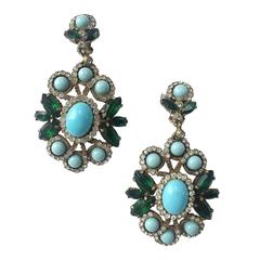 Retro Flambouyant turquoise and emerald paste drop earrings KJL 1960s 