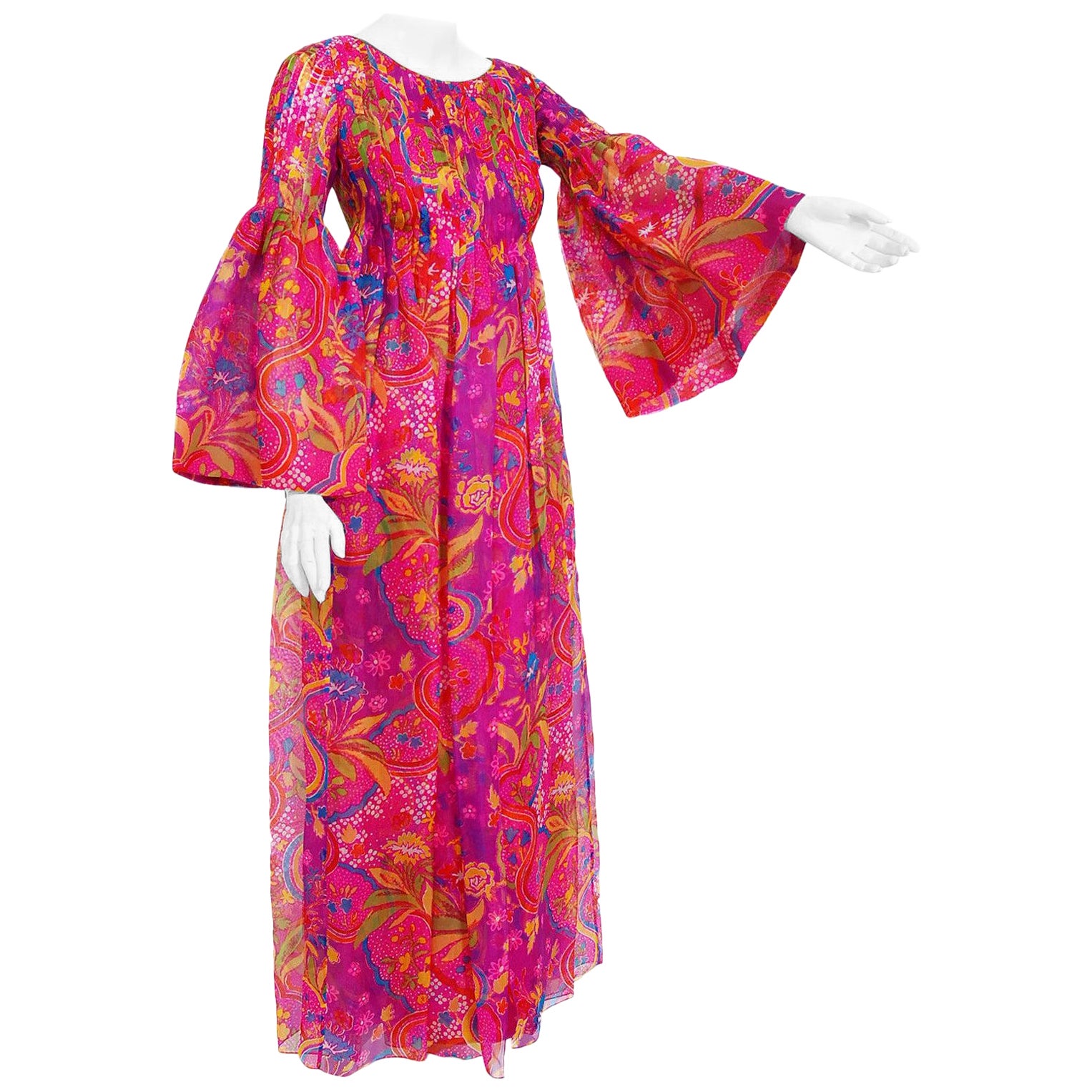 Vintage 1969 Pierre Cardin Pink Psychedelic Print Organza Bell-Sleeve Maxi Dress
