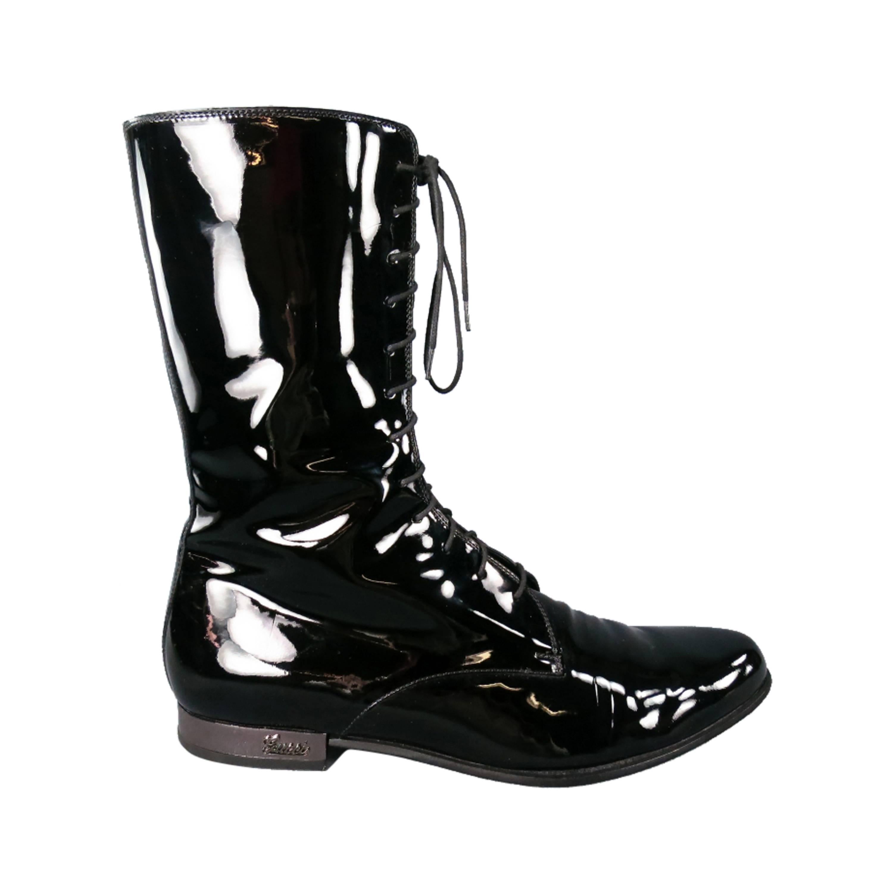 GUCCI Size 9.5 Black Patent Leather High Collar Lace Up / Zipper Boots