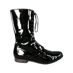 GUCCI Size 9.5 Black Patent Leather High Collar Lace Up / Zipper Boots