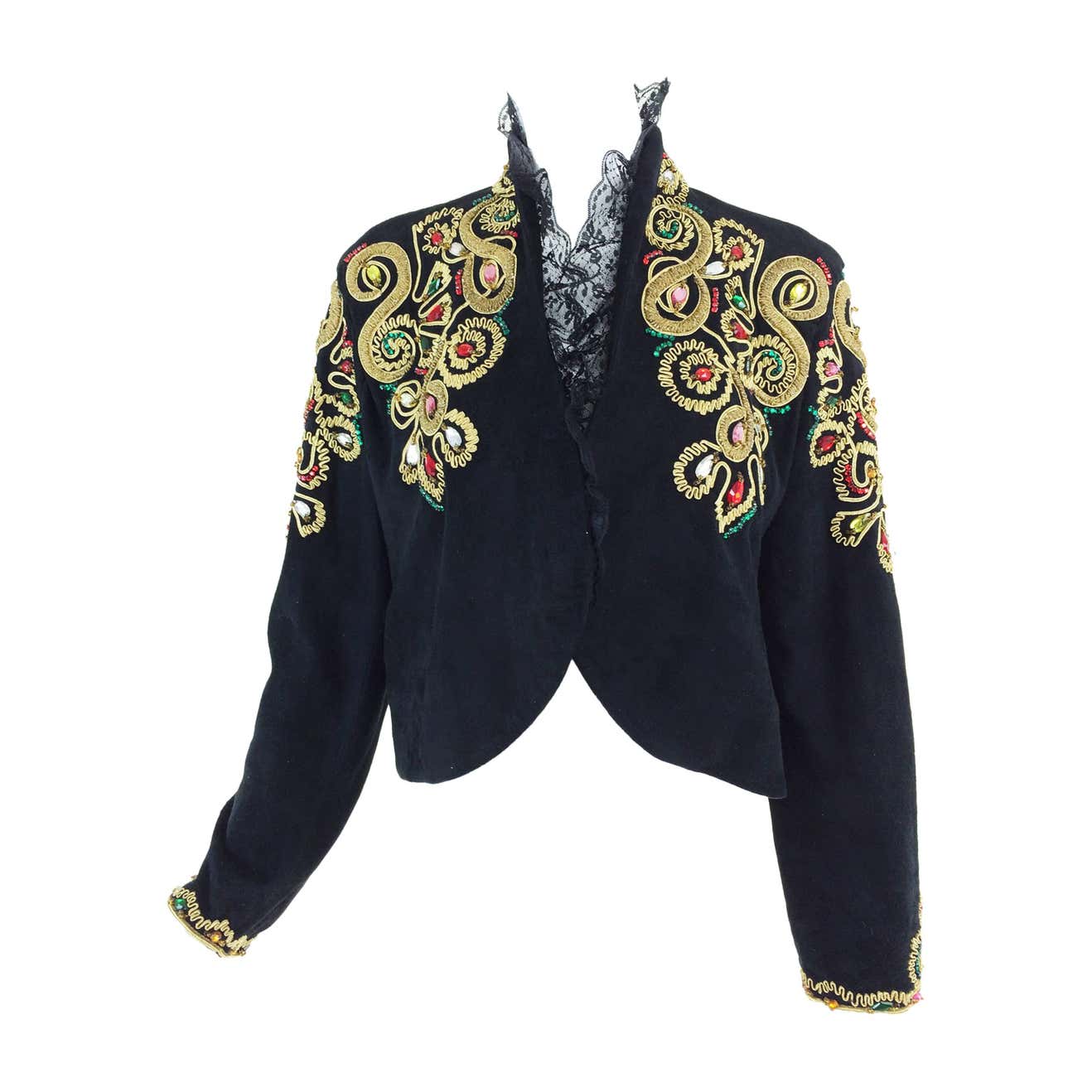 Dora Herbst Ibiza jewel and gold cord embroidered suede jacket 1980s at ...
