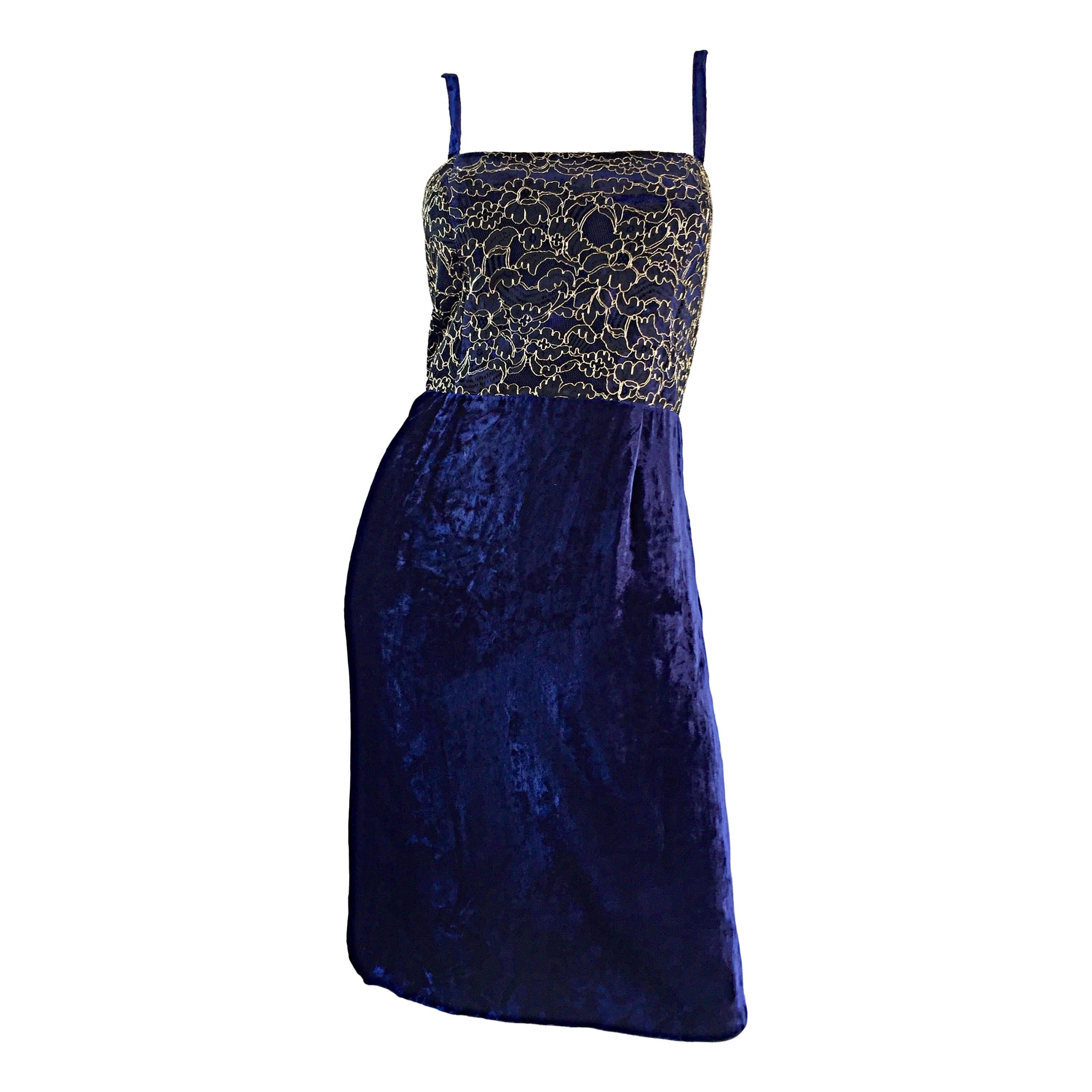Beautiful New Luca Luca Royal Blue + Gold Velvet And Lace Cocktail Dress NWT For Sale