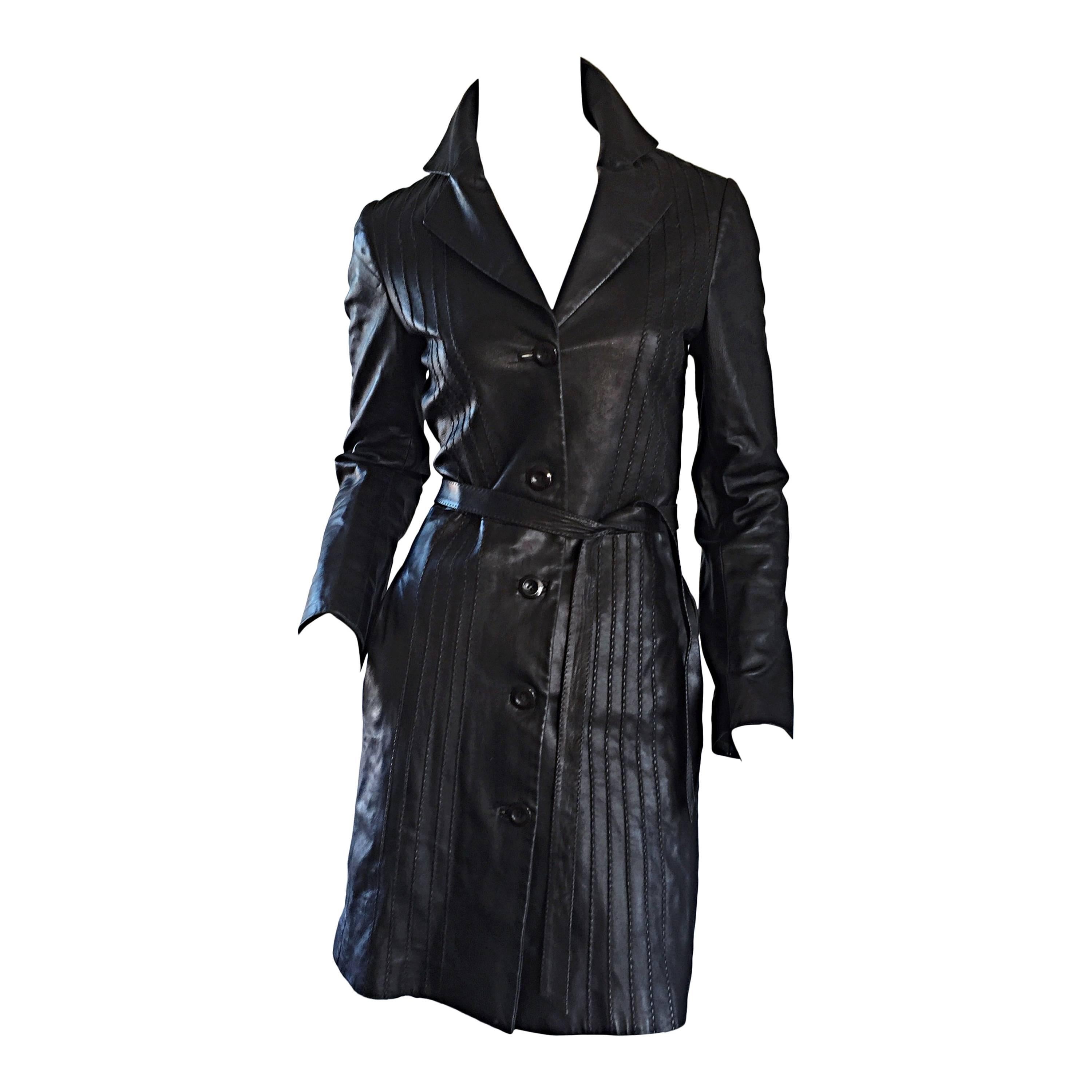 Katayone Adeli Black Leather Belted Spy Trench Jacket / Coat Dress