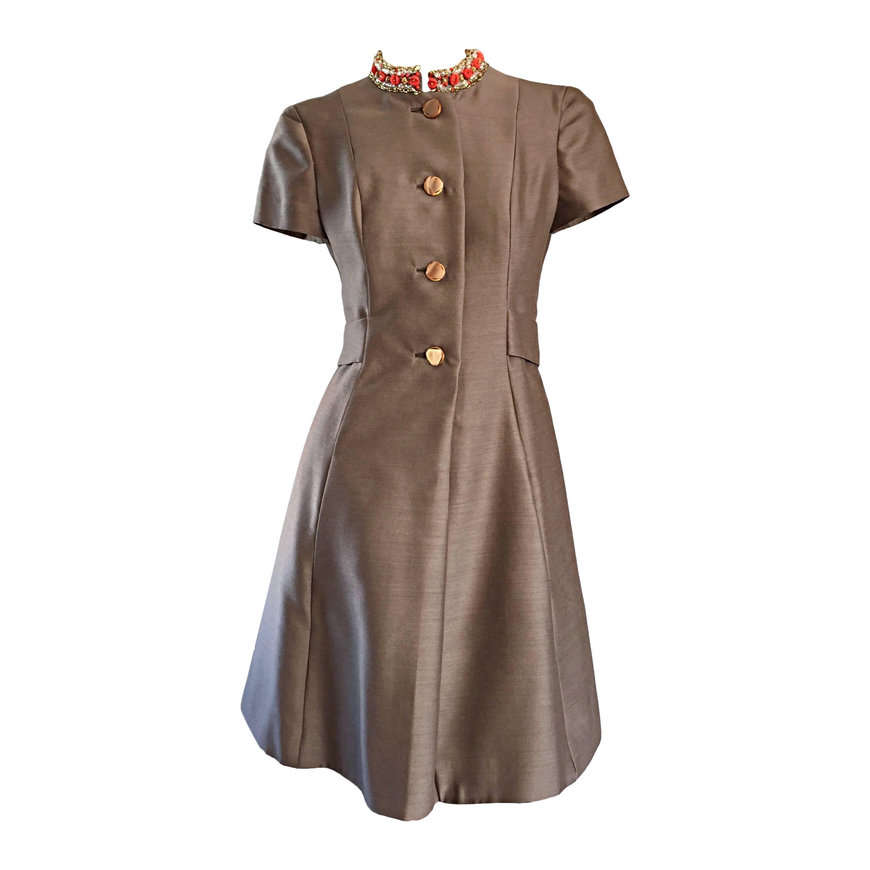 Beautiful 1960s 60s Gino Charles Beaded Raw Silk Taupe A - Line Vintage Dress  For Sale