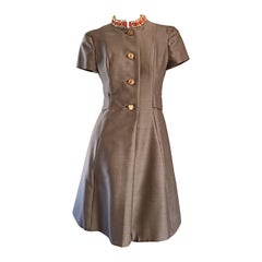 Beautiful 1960s 60s Gino Charles Beaded Raw Silk Taupe A - Line Vintage Dress 