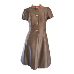 Beautiful 1960s 60s Gino Charles Beaded Raw Silk Taupe A - Line Vintage Dress 1