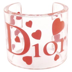CHRISTIAN DIOR Clear Resin Pink Hearts & Logo Cuff Bracelet