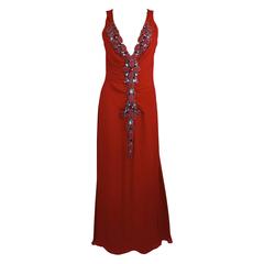 Carolina Herrera Red Chiffon Gown with Jeweled Plunging Neckline