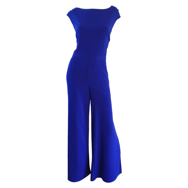 Chic Max Mara Cobalt Blue Silk Jumpsuit w/ Wide Slit Legs + Open Back ...