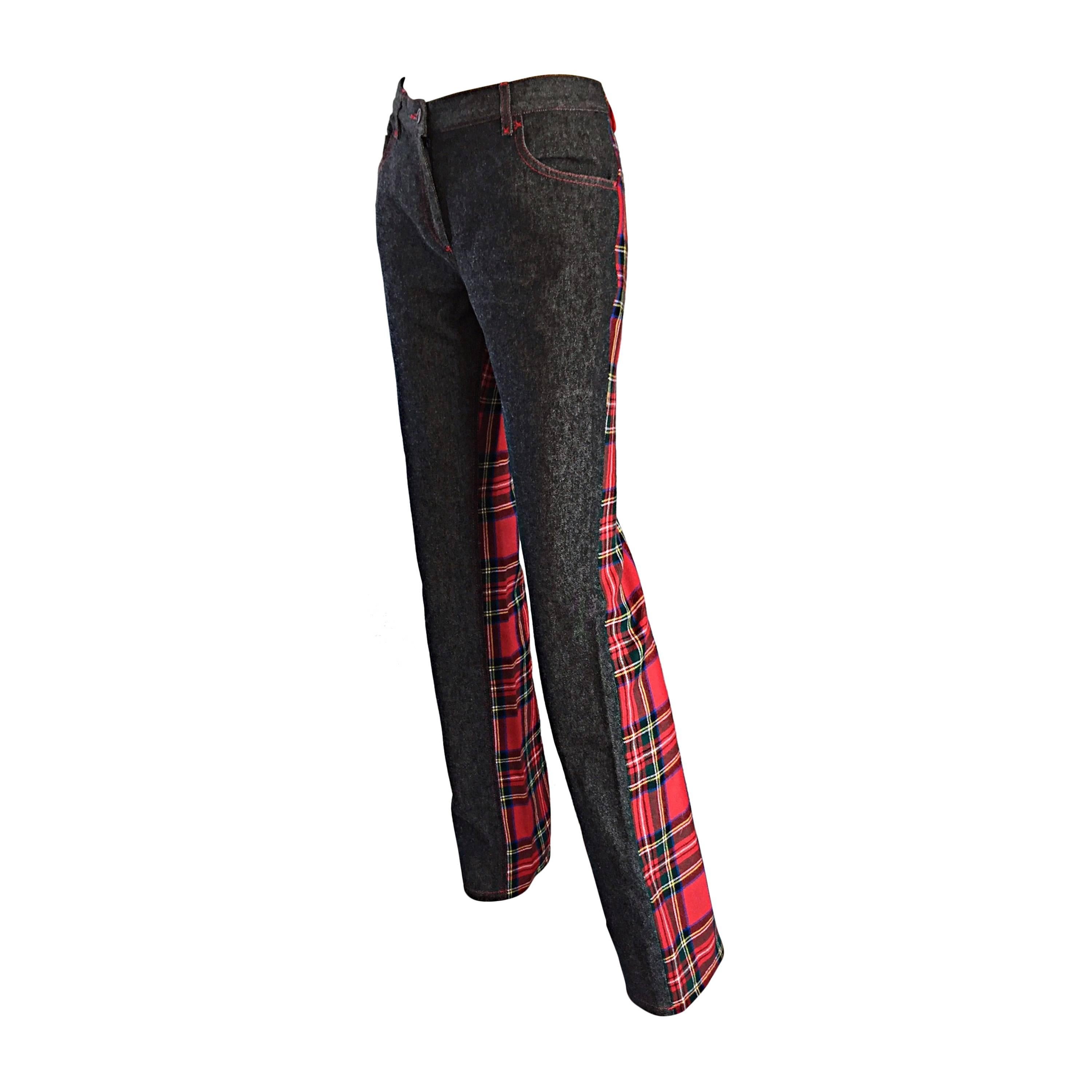 Rare Dolce & Gabbana Boot Cut Denim Pants Trousers w/ Tartan Plaid Back