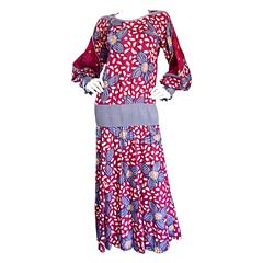Vintage Jeanne Marc 1980s 80s Drop Waist Boho Dress w/ Colorful Floral Abstracts 12