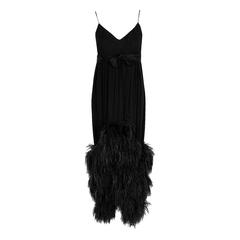 Vintage 1960's Seductive Black Silk-Chiffon Empire Plunge Ostrich-Feather Evening Gown