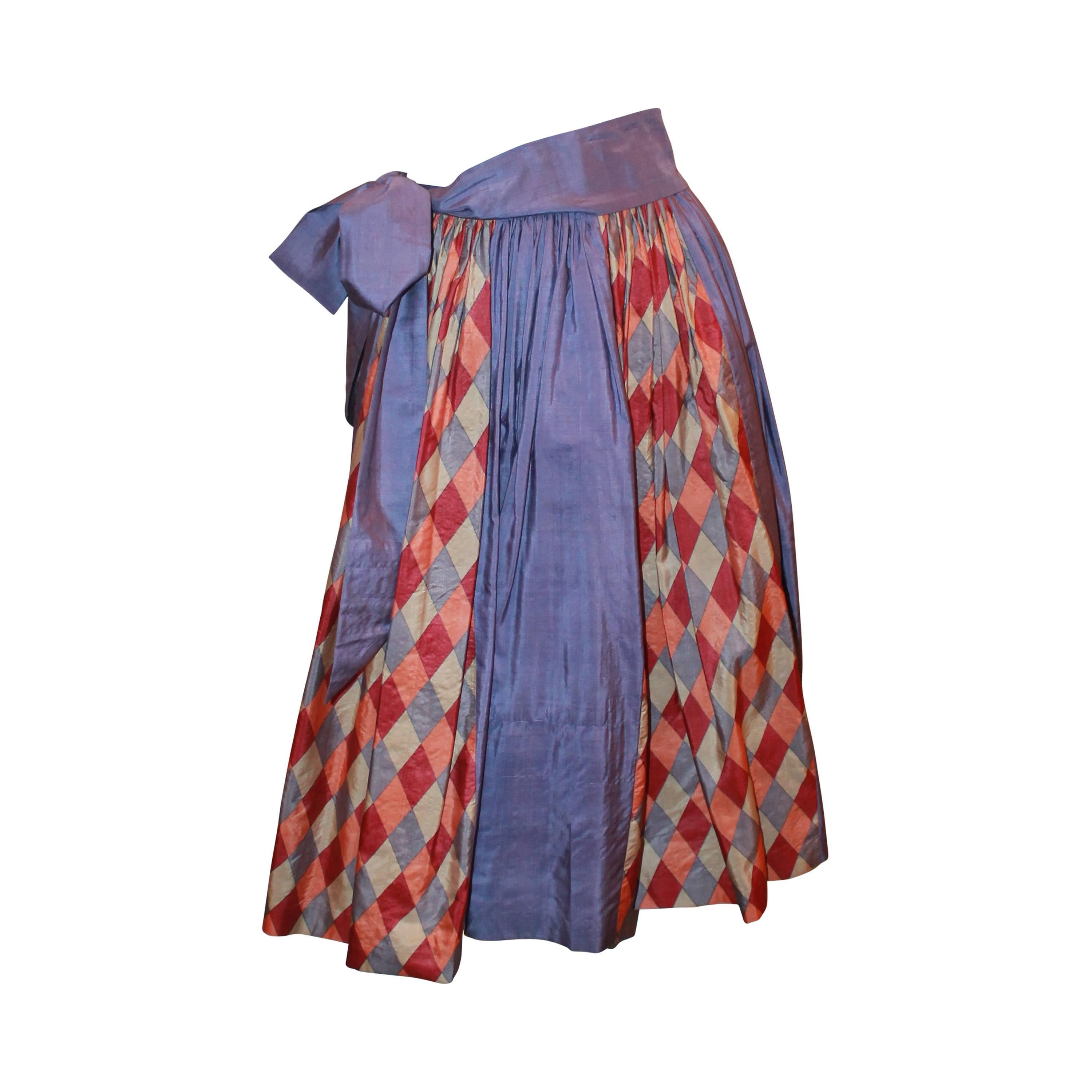 YSL Rive Gauche 1970's Lavender Silk Mid Length Skirt w/ Diamond Print - 36