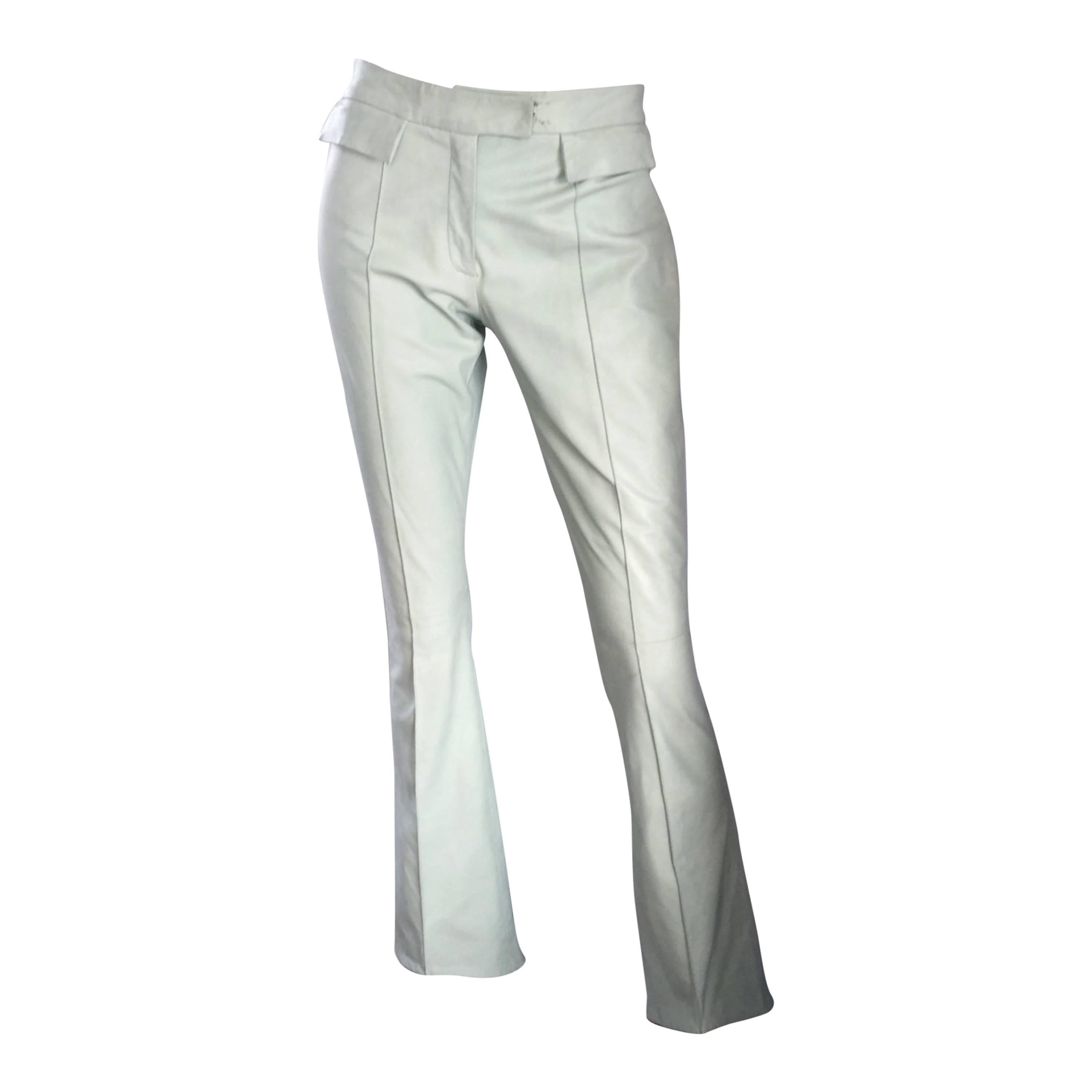 Vintage 90s John Galliano Size 4 Leather Flare Leg Pants 1990s Light Green Mint  For Sale