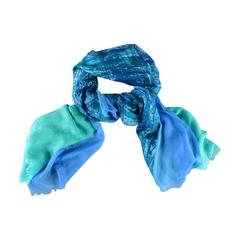 LORO PIANA Turquoise & Blue Printed Color Block Cashmere - Silk Aylit Scarf