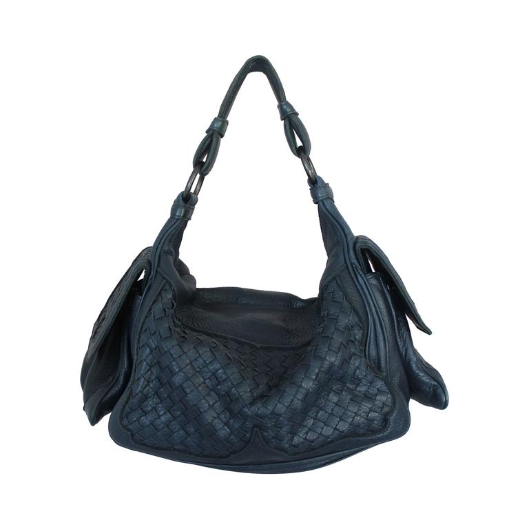 Bottega Navy Woven Leather Large Shoulder Bag For Sale at