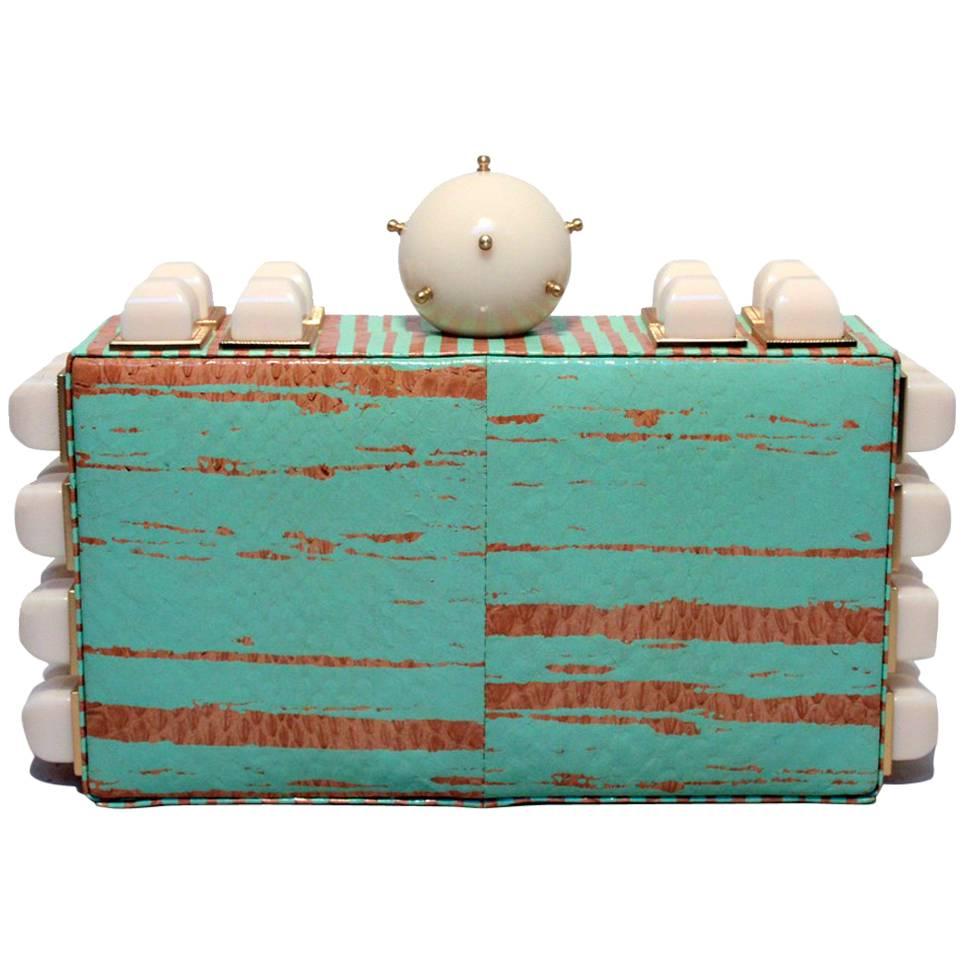 Tonya Hawkes Teal and White Embellished Box Clutch