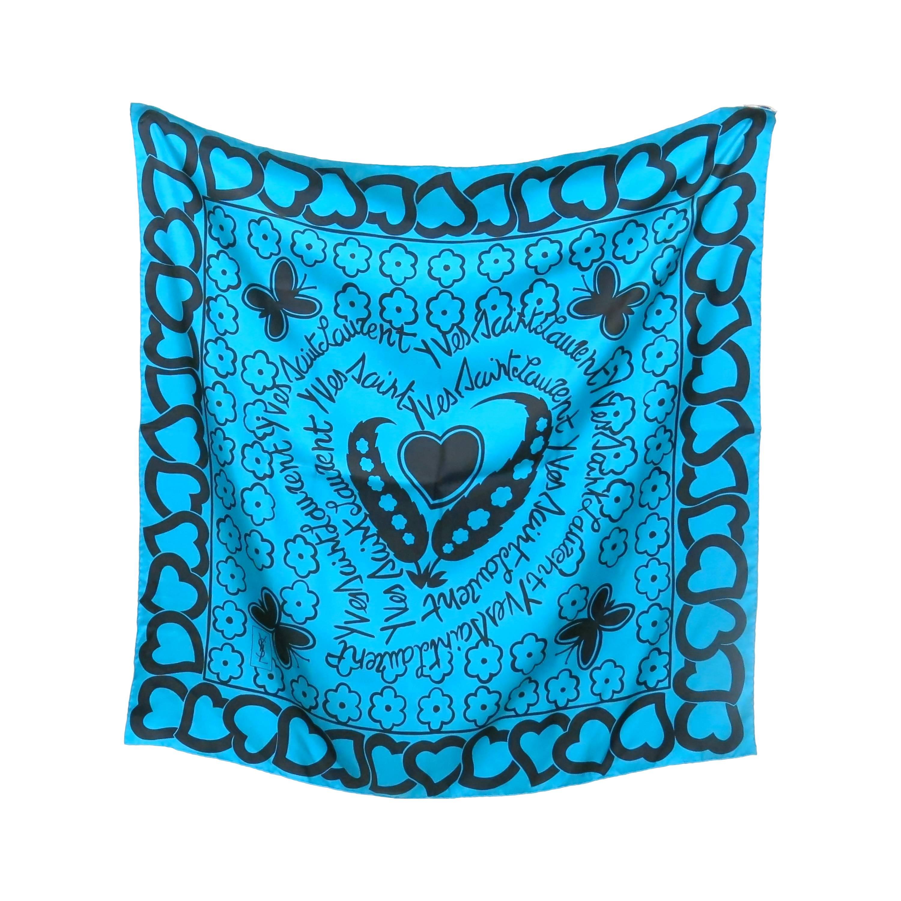 1990s Yves Saint Laurent Signature Turquoise Silk Scarf 