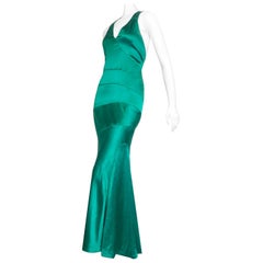 Retro 1990 Gianni Versace Emerald Green Silk Satin Bias Gown