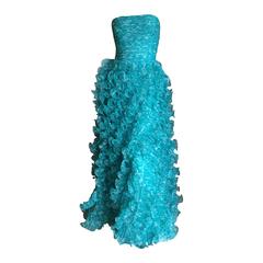 Oscar de la Renta Turquoise Vintage Ruffled Evening Gown