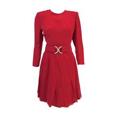 Carolina Herrera Red 100% Silk Bracelet Sleeve Belted Cocktail Dress 1