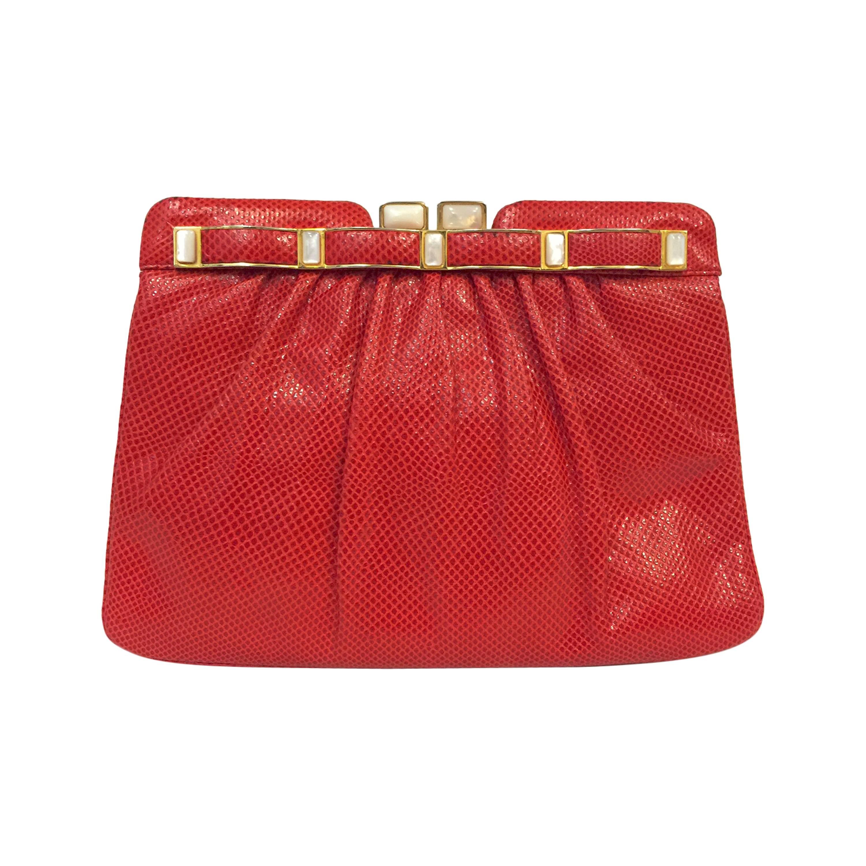 Vintage Judith Leiber Red Leather Lizard Evening Clutch For Sale