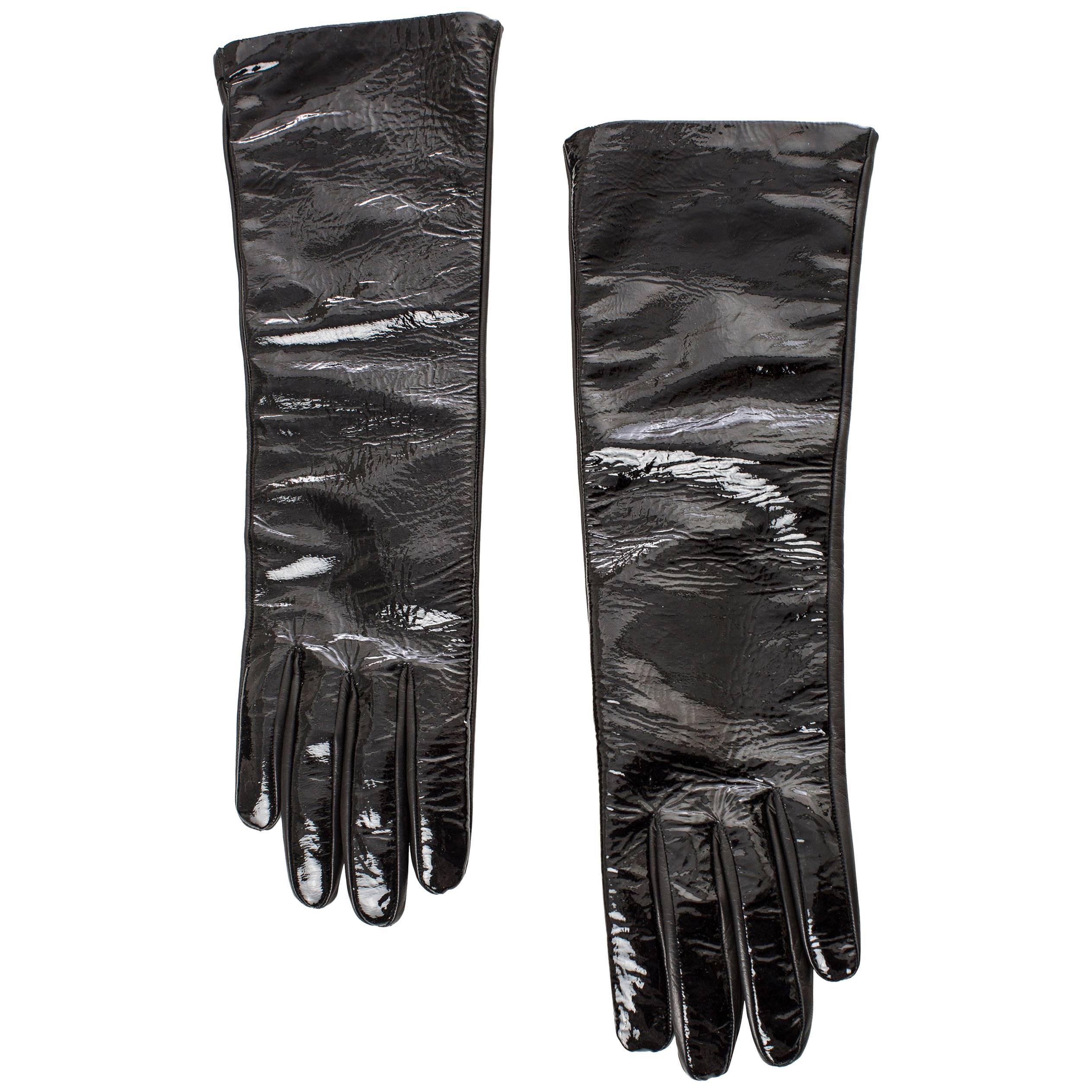 Prada Black Patent Leather Gloves For Sale