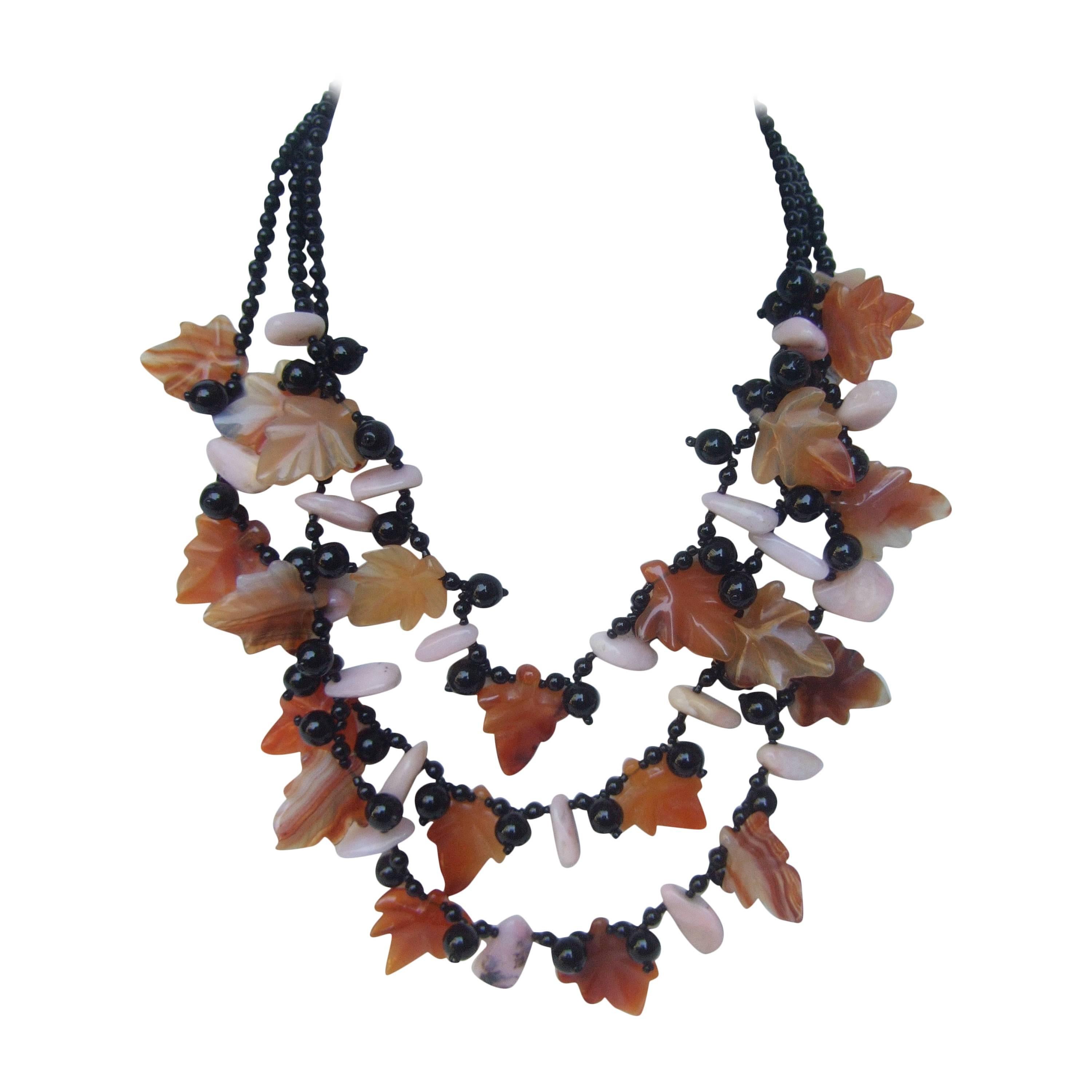 Artisan Carved Glass Beaded Leaf Necklace  For Sale