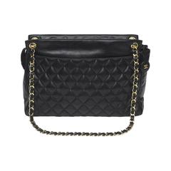 Vintage  Quilted Chanel Black Leather and Double Chain Large Handbag