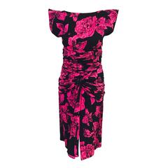 Vicky Tiel Fuschia and Black Floral Silk Jacquard Dress 