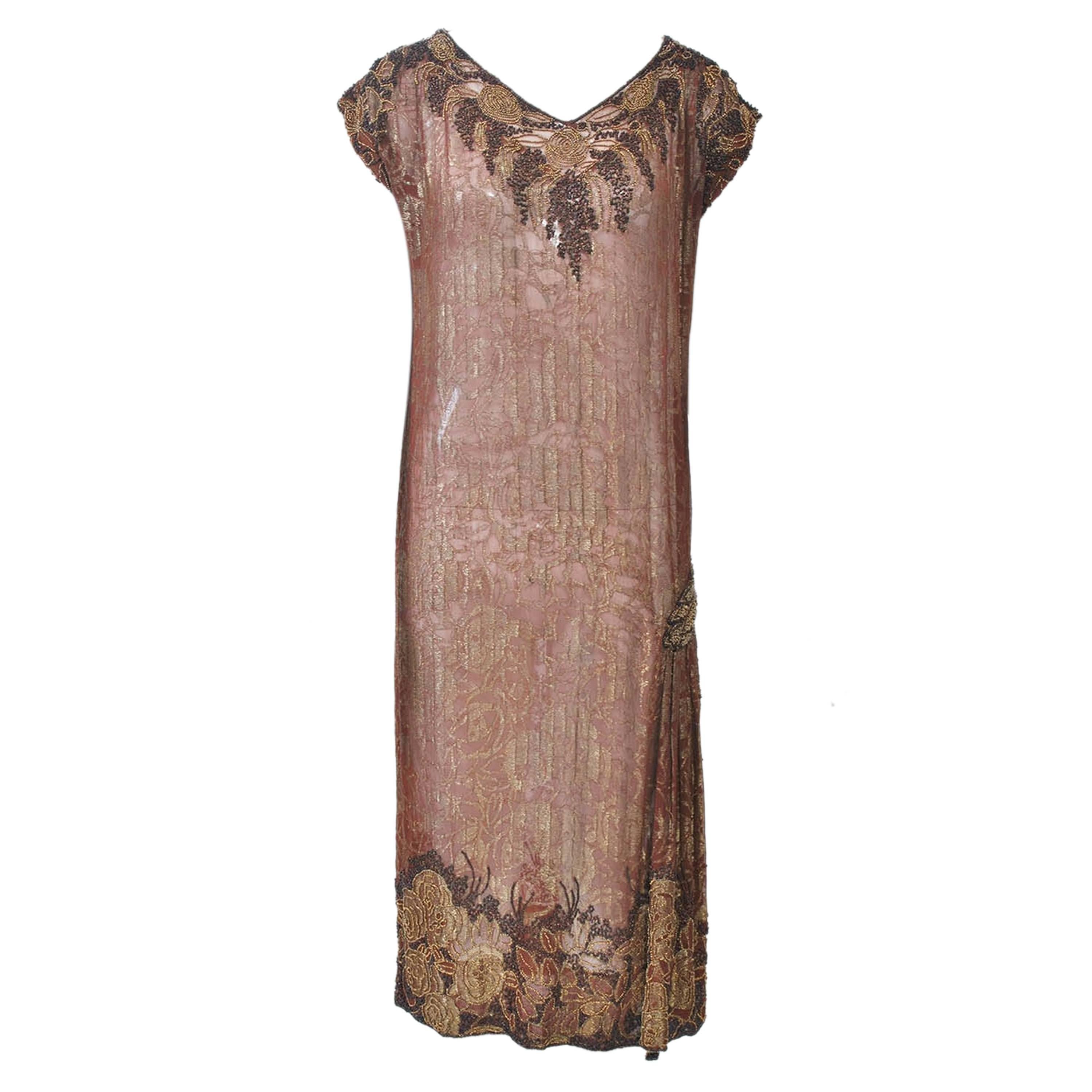 1920s Sheer Brown Beaded Dress