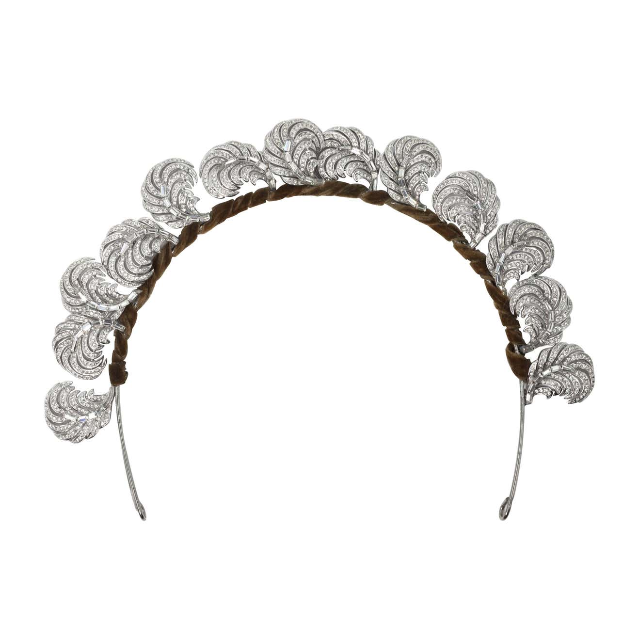 Glamorous Unique Ostrich Feather Swarovski Crystal Halo Tiara For Sale