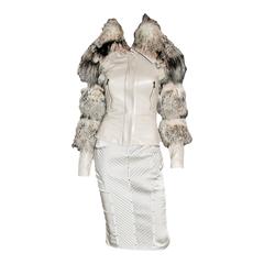 Iconic Tom Ford Gucci FW03 Beige Leather Fur Corseted Jacket & Silk Runway Skirt